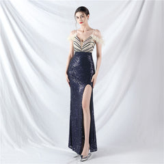 Craft Order Ostrich Feather Sequin Ladies Party Evening Dress Long Sleeveless Split Toast Dress