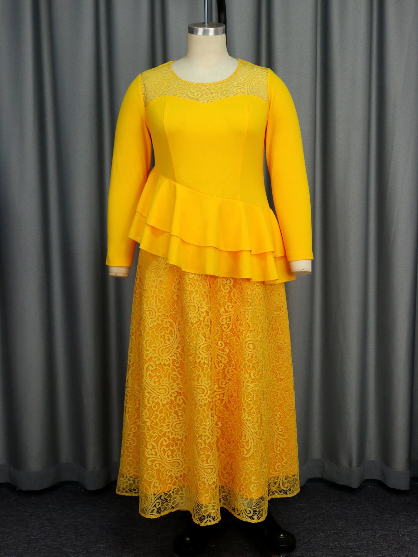 See through round Neck Long Sleeve Lace Dress Party Cocktail Ruffled Dress Dress