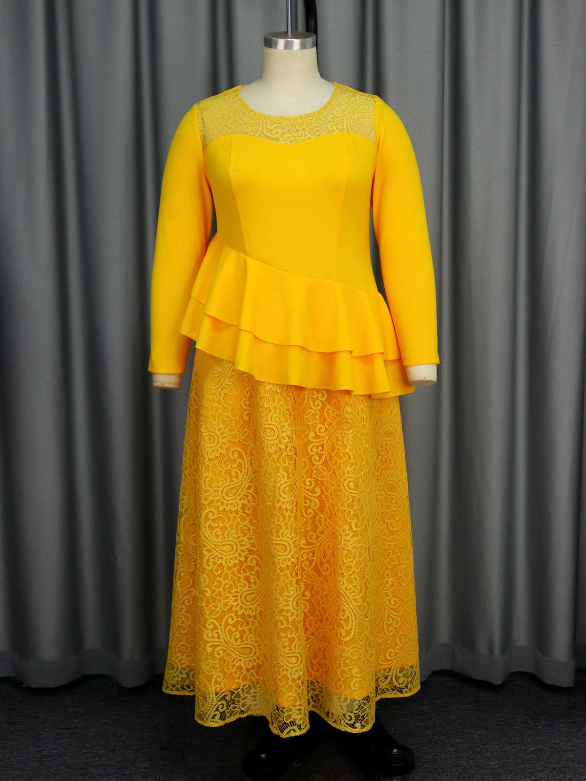 See through round Neck Long Sleeve Lace Dress Party Cocktail Ruffled Dress Dress