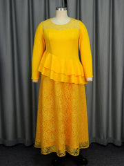 See through round Neck Long Sleeve Lace Dress Party Cocktail Ruffled Dress Dress