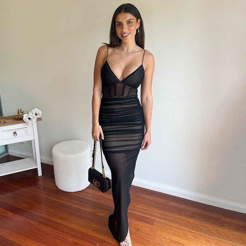 V neck Strap See through Gauze Stitching High Slit Maxi Dress