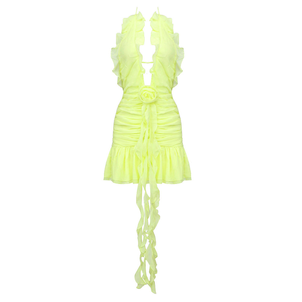 Vestido floral de gasa de otoño amarillo rosa Barbie transparente con tirantes