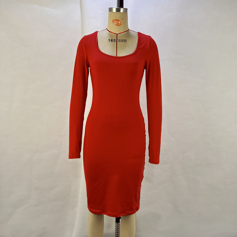 Square Collar Long Sleeve Solid Color Waist Tight Slimming Sheath Dress
