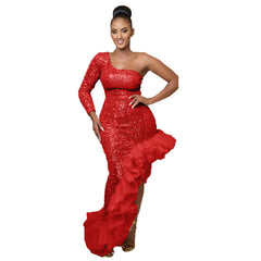 Sequin Single Shoulder Mesh Stitching Irregular Asymmetric Dress