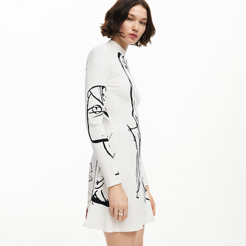 Vestido casual de manga larga con estampado de líneas verticales