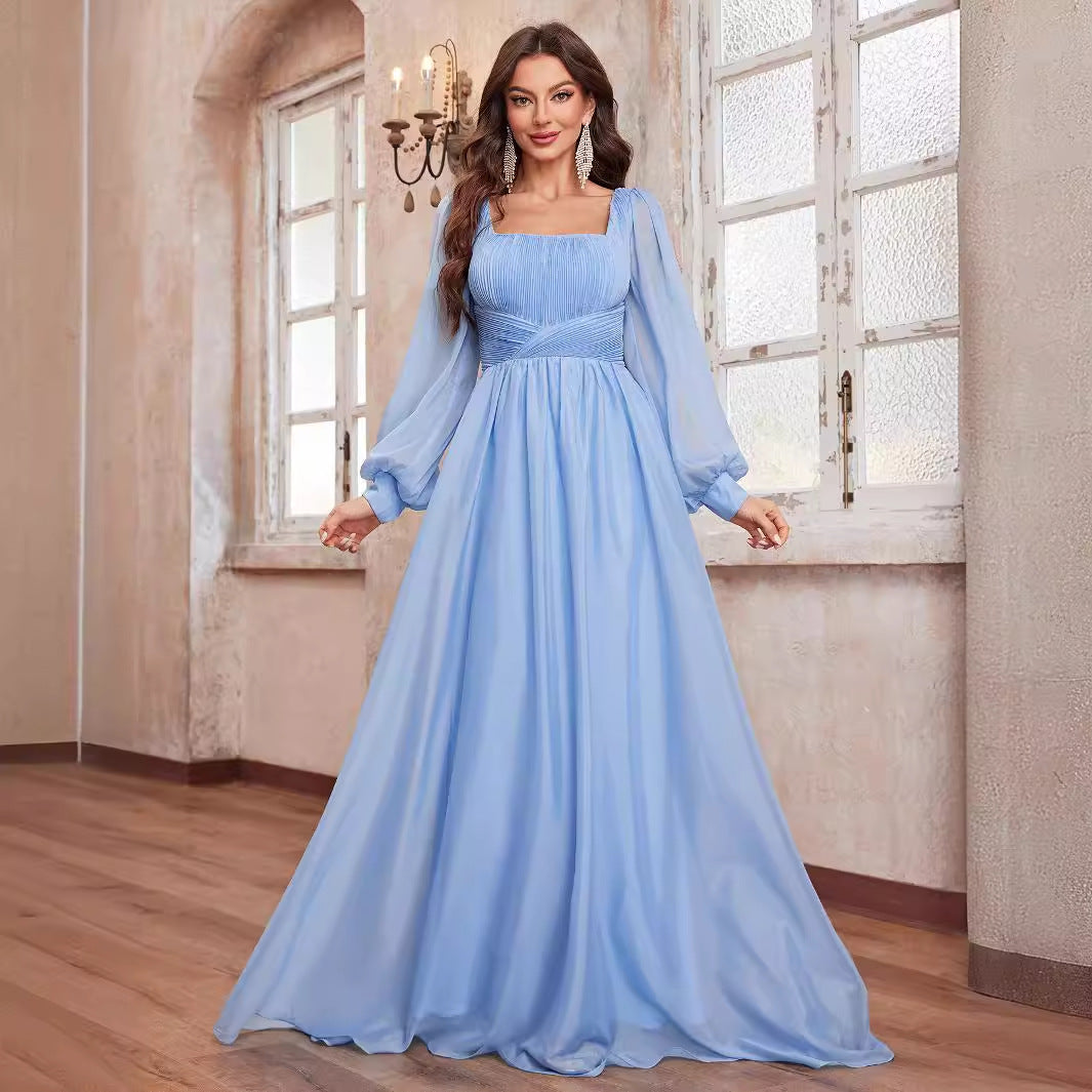 Chiffon Square Collar Dress Lantern Sleeve Elegant Graceful Ground Dress