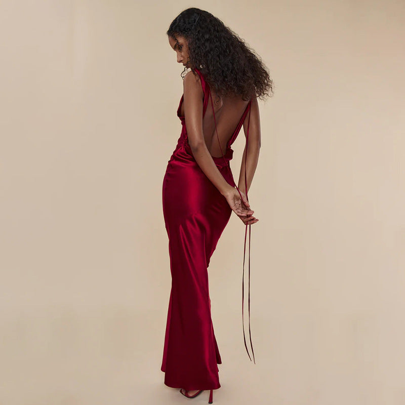 Cocktail Evening Dress Sling Swing Collar Dress Backless Lace Up Maxi Dress