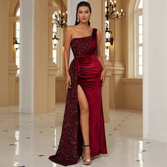 Elegant Long Sequined Sleeveless Diagonal Collar Backless Cocktail Evening Dress Bridesmaid