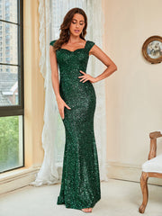 Vestido de noche elegante con lentejuelas y tirantes verdes, de talle medio, para fiesta, vestido largo tipo fregona