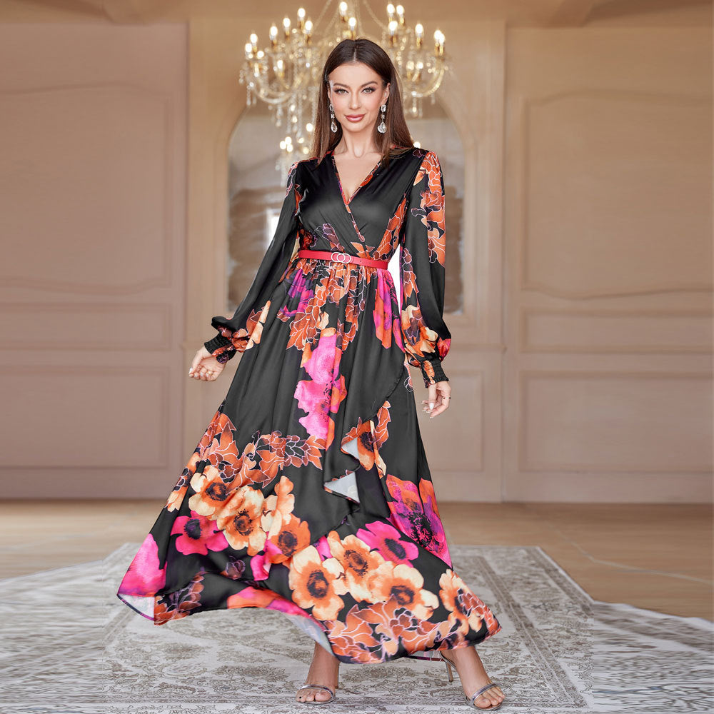 Vestido francés de talle alto con escote en V y gran vuelo con cinturón