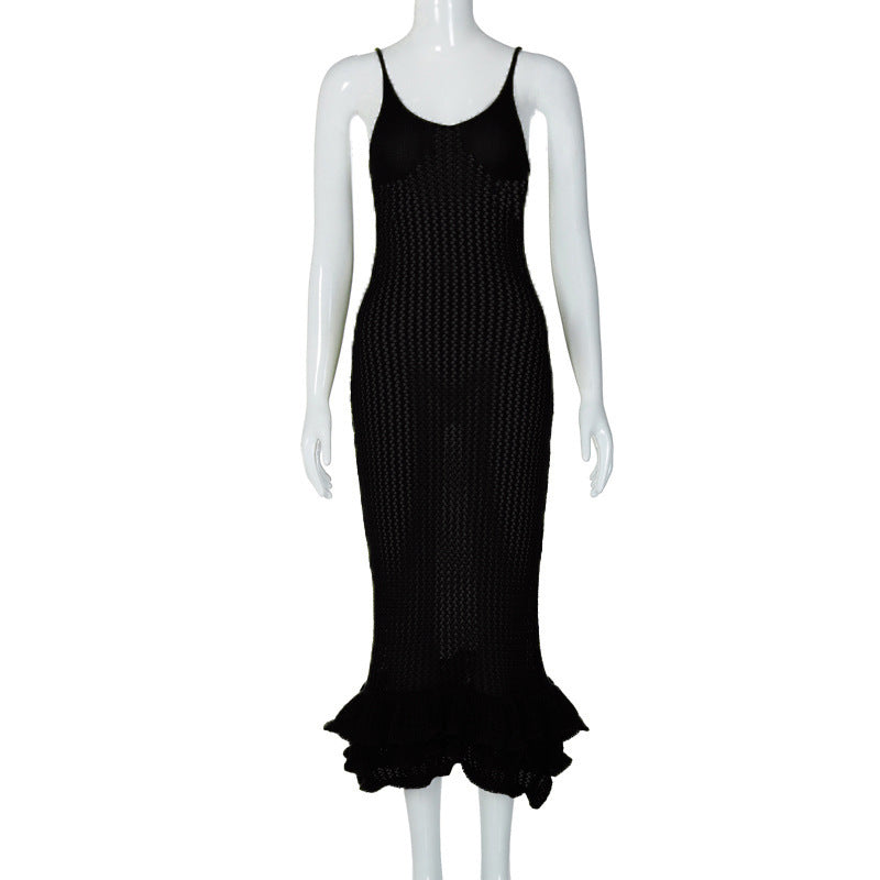 Personalized Sling Backless Wooden Ear Knitted Slim Fit Maxi Dress