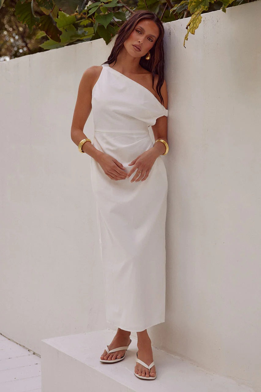 Solid Color Sloping Shoulder off the Shoulder Mid Length to Maxi Dress