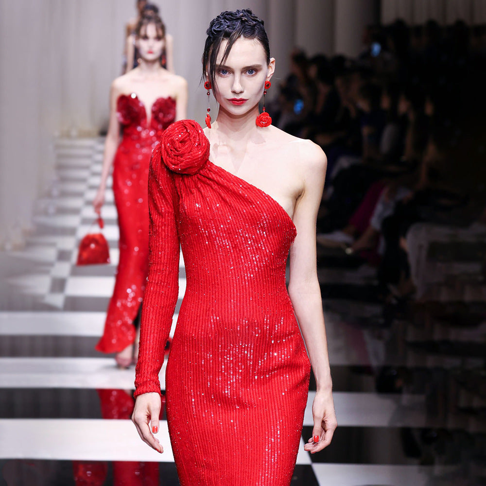 Vestido formal rojo navideño tridimensional con un solo hombro floral y lentejuelas, vestido elástico de invierno