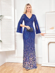 Vestido de noche de manga larga con escote en V profundo y cola de pez ajustado, talla grande, para fiesta de cóctel