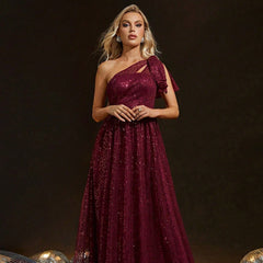 Vestido de noche de un solo hombro con lentejuelas, vestido de novia color vino tinto tostado, vestido de fiesta de ceremonia para adultos, corte entallado, fiesta anual de noche