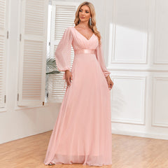 Vestido de gasa rosa con cordones, manga larga, escote en V, costuras, cintura elástica, vestido de noche amplio y con vuelo.