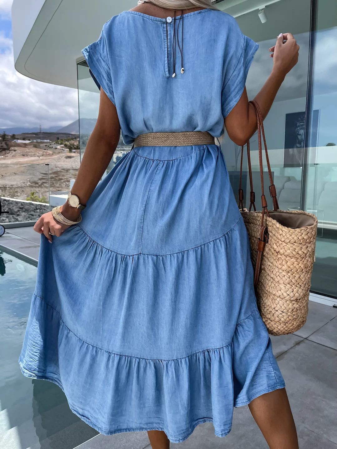 Casual Solid Color Simple Round Neck Short Sleeve Midi Without Belt