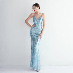 Vestido de fiesta largo ajustado con lentejuelas y tirantes florales, elegante, para banquetes y noche.