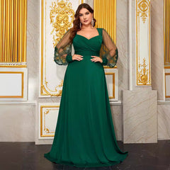 Plus Size Prom Evening Dress Diamond Collar Embroidered Mesh Long Sleeve Backless Fall Dress