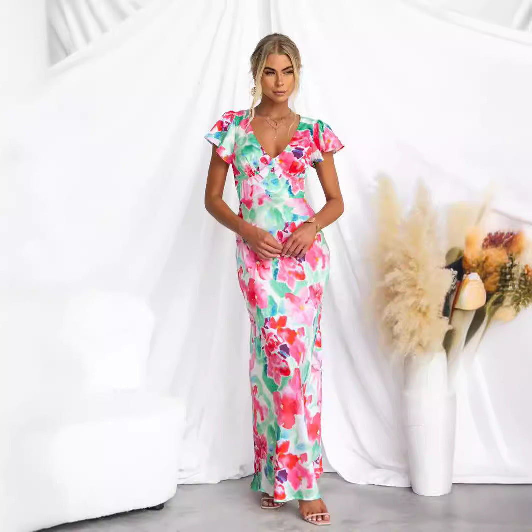 Floral Fresh Sweet V neck Lotus Leaf Sleeve Mid Length Dress