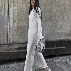Dress Pleated round Neck Long Sleeve Solid Color Loose Maxi Dress Slimming Casual