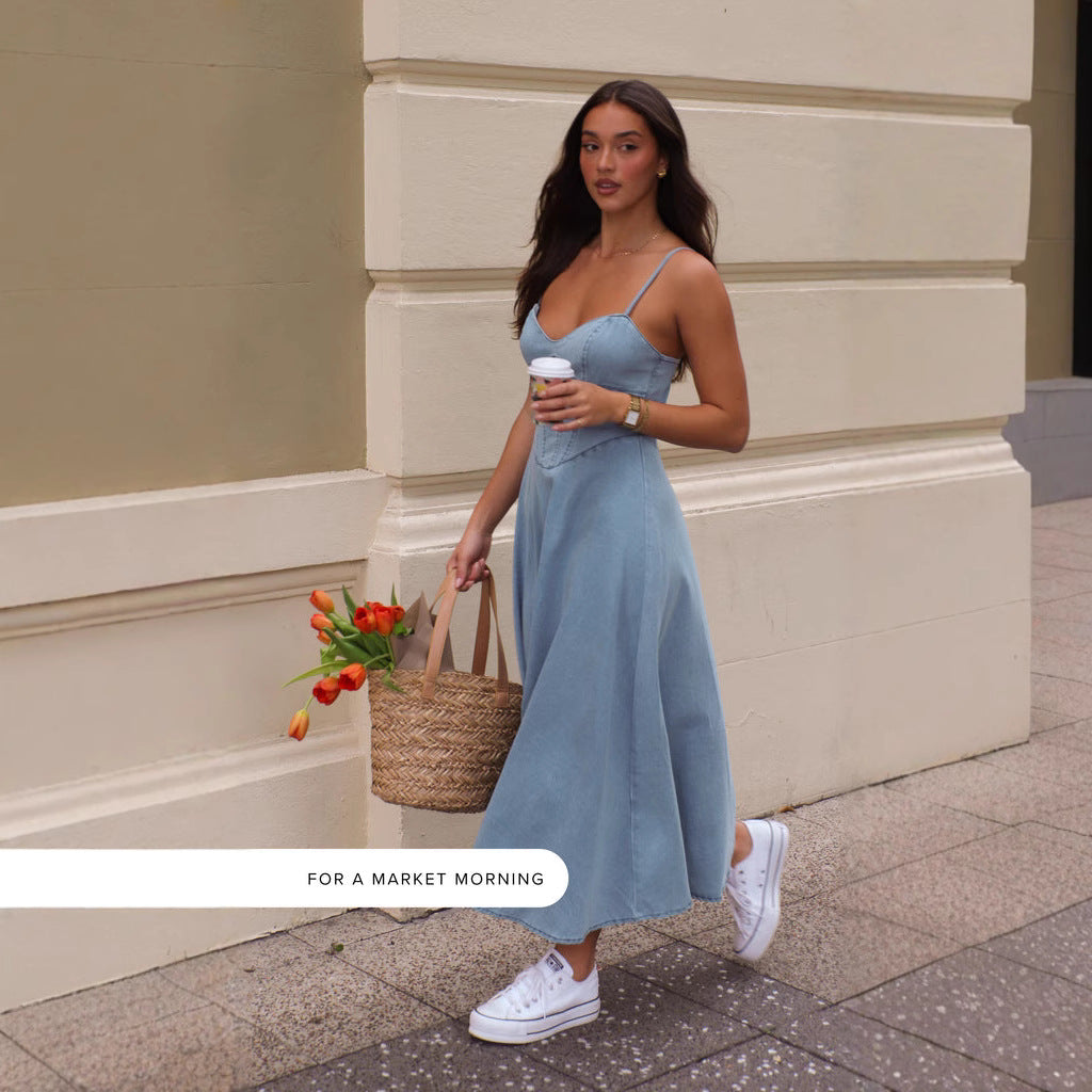 Vestido de mezclilla de imitación adelgazante con tirantes finos sin mangas de colección