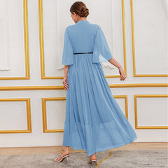 Middle East Muslim Wear High Neck Bell Sleeve Solid Color Dress