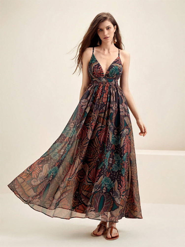 French Elegant Vacation Dress Printed V neck Seaside Strap Dress