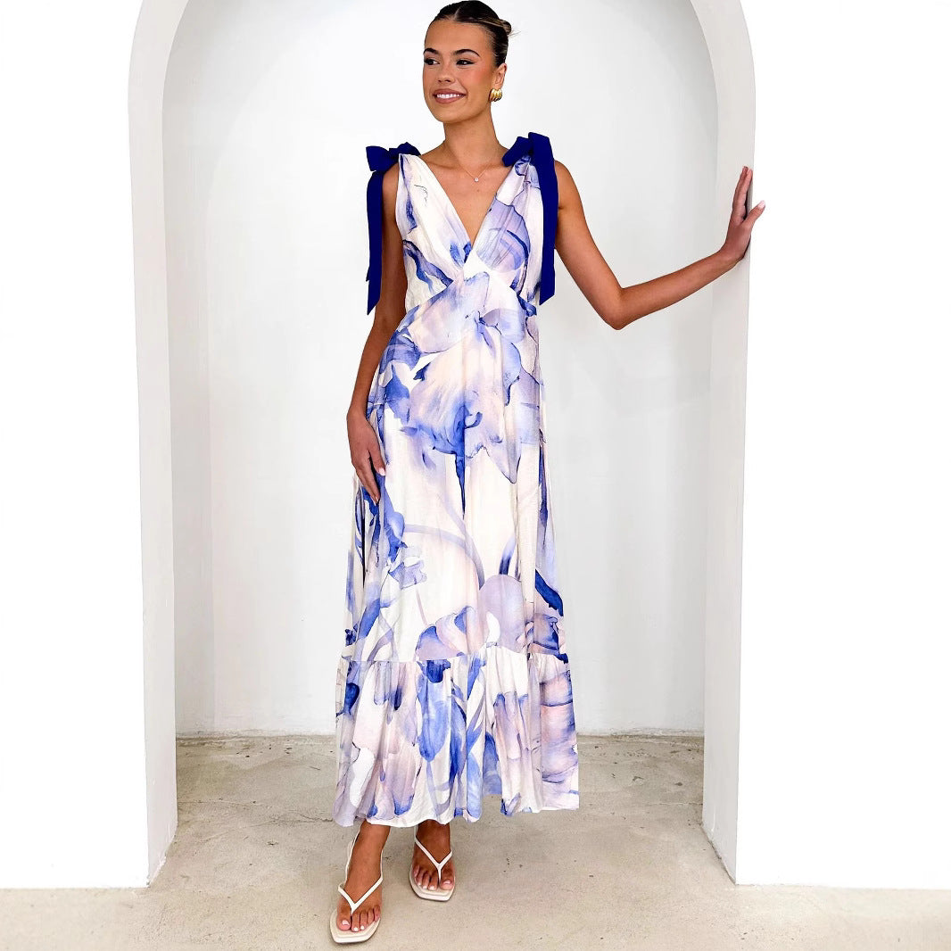 Maxi Dress V neck Sleeveless Printed Dress