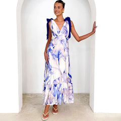 Maxi Dress V neck Sleeveless Printed Dress