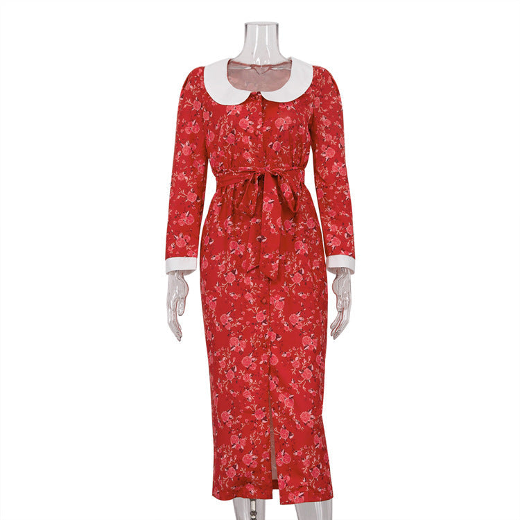 Elegant Printed Dress Three Quarter Sleeve Collared Split Waist Fitted Dress