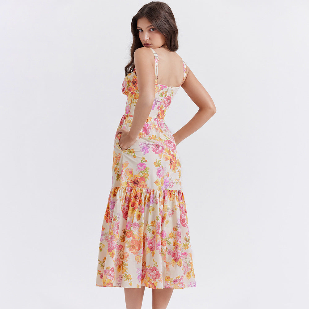 Collection Dress Sweet Spicy Floral Midi Backless Sleeveless Strap Dress for Summer