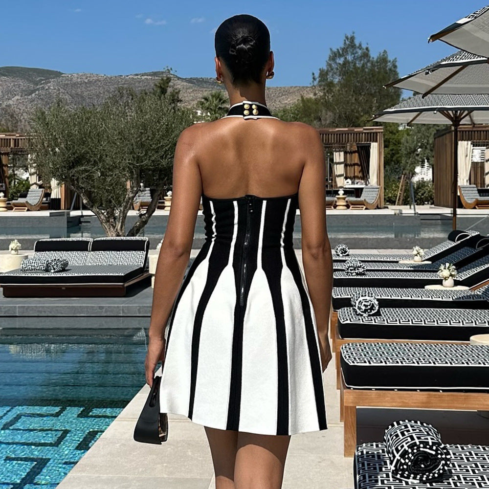 French Sweet Spicy Halter Backless Spaghetti Straps Knitted Striped Dress Bandage Jacquard
