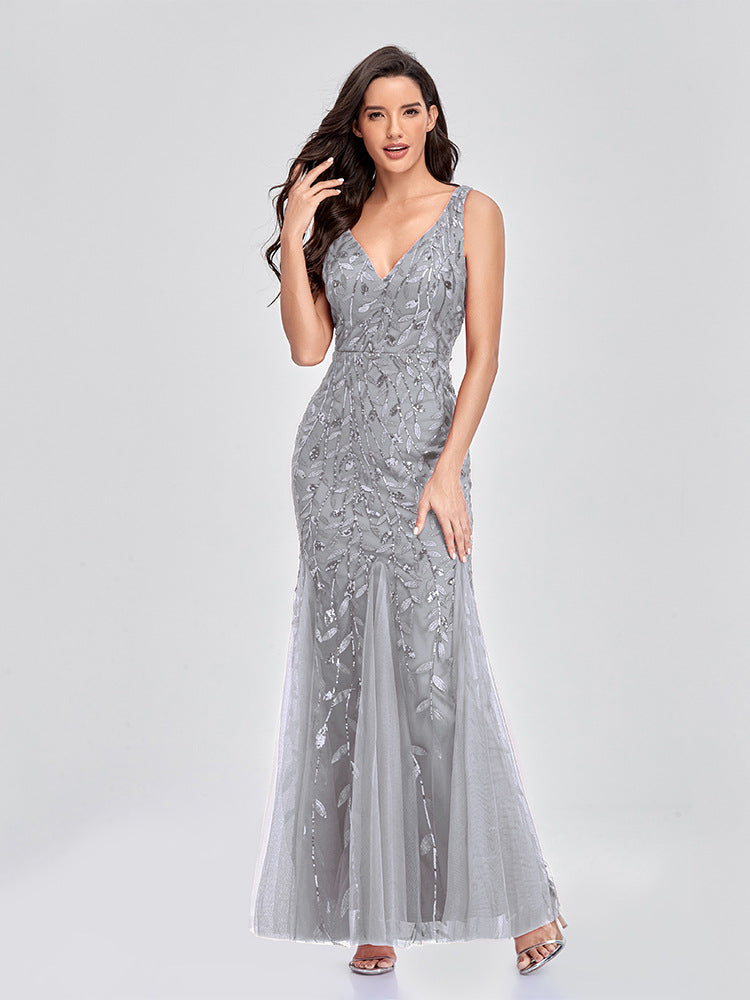 Evening Dress V neck Tulle Embroidered Sequ Mermaid Prom Formal Dress