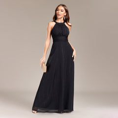Halter Backless Pleated Waist Party Back Zipper Black a Large Swing Fully Lined Evening Dress