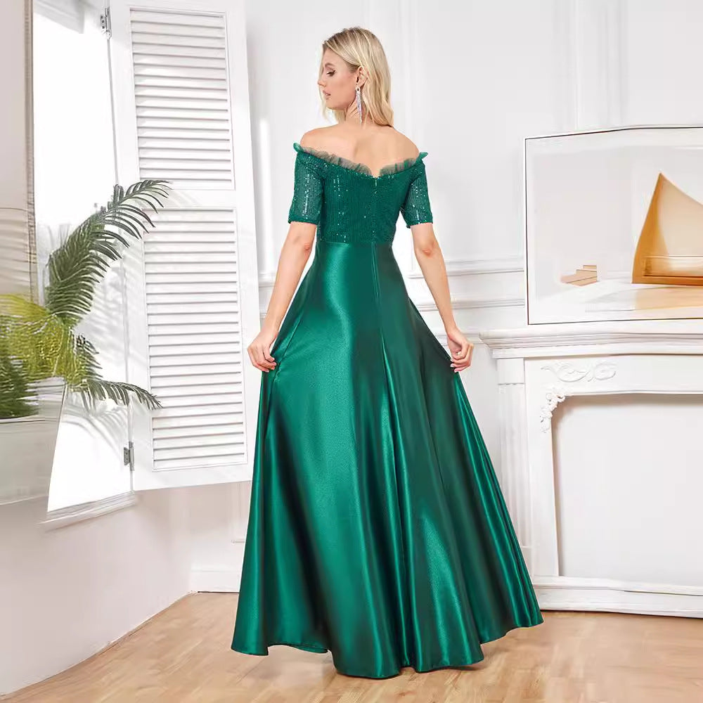 Vestido de cóctel de noche con cola de pez, hombros descubiertos, lentejuelas y manga corta, vestido de fiesta de satén