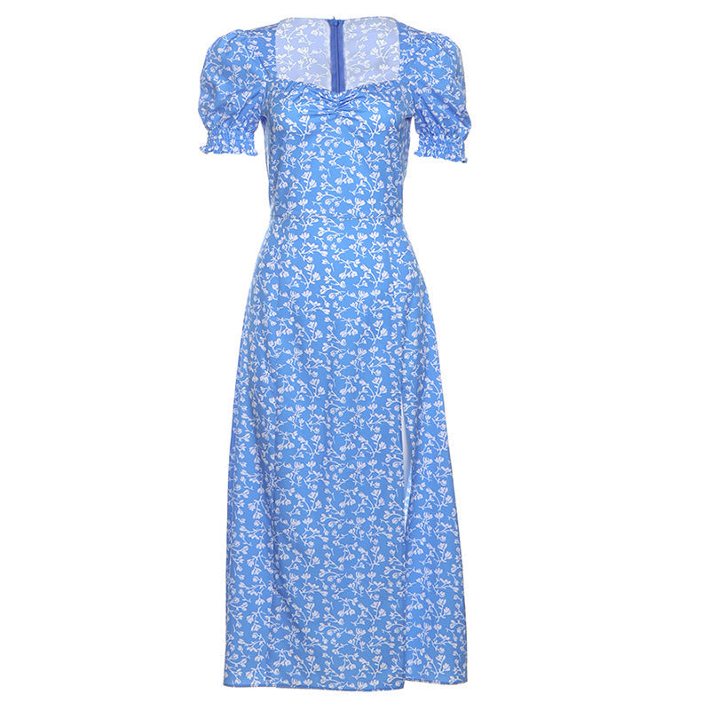 French Floral Slim Fitting Slimming Square Collar Split Short Sleeve Dress
