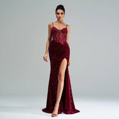 Vestido de noche de alta gama con tirantes finos, sin mangas, con lentejuelas y abertura alta en la cadera para dama de honor
