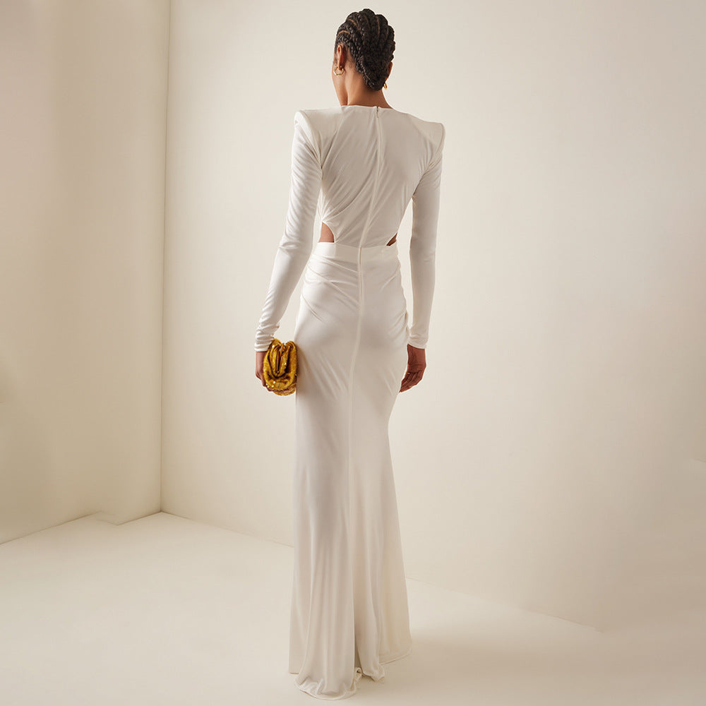 White Long Sleeve Pleating Hollow Out Cutout Cross Dress V Neck Metal Waist