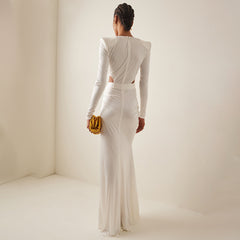 White Long Sleeve Pleating Hollow Out Cutout Cross Dress V Neck Metal Waist