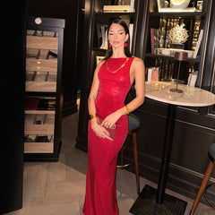 Vestido largo elegante rojo de moda sin mangas, ajustado, con espalda descubierta, para mujer
