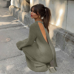 Solid Color Backless Long Sleeves Lace up Slim Fit Dress
