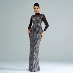 Long Sleeved round Neck Slim Fit Sheath Cocktail Sequined Fishtail Evening Dress