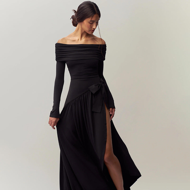 off Shoulder Hollow Out Cutout Solid Color Bow Long Sleeve Split