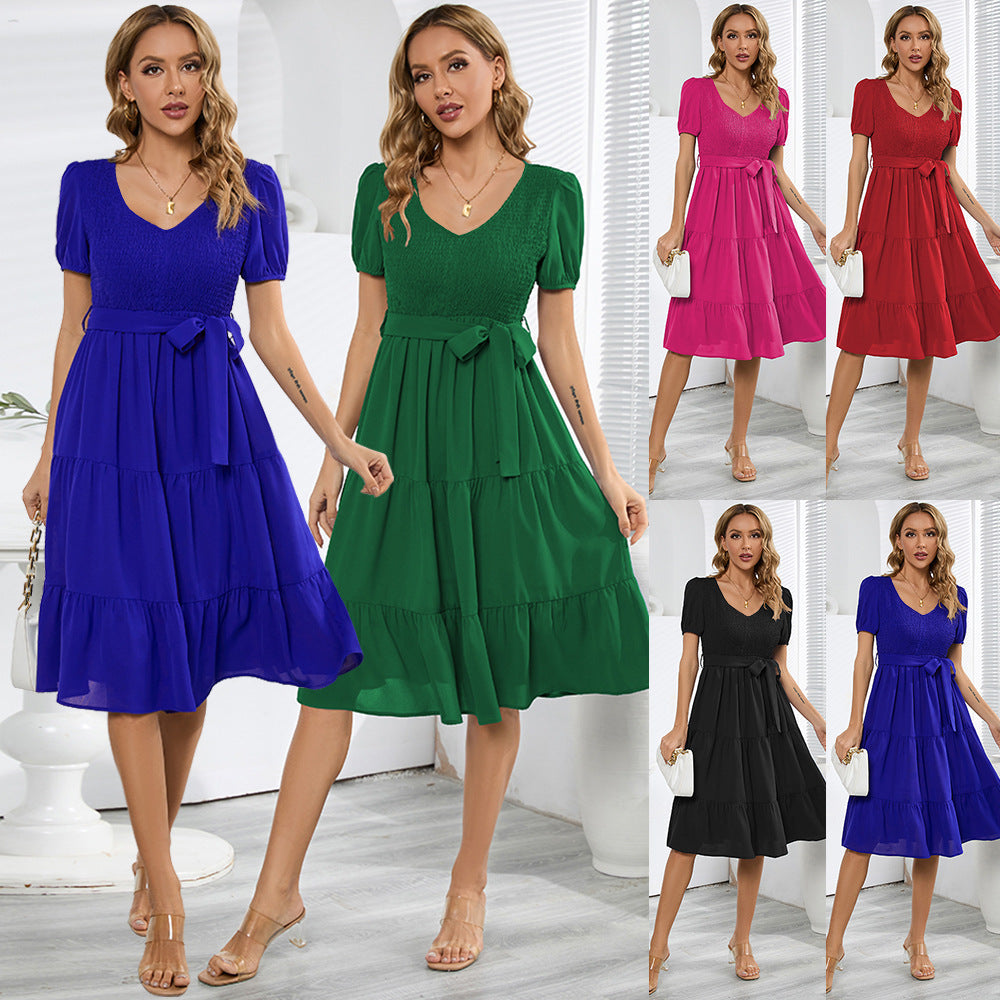 round Neck Short Sleeve Slim Fit Large Swing Stitching Tiered Dress Casual Dress