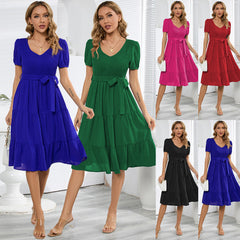 round Neck Short Sleeve Slim Fit Large Swing Stitching Tiered Dress Casual Dress