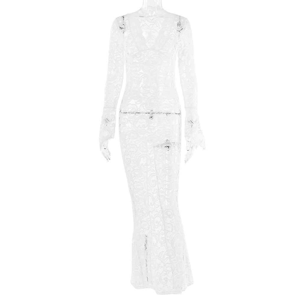 See through Stitching Dress Deep V Plunge Neck Flared Sleeves Maxi Dress