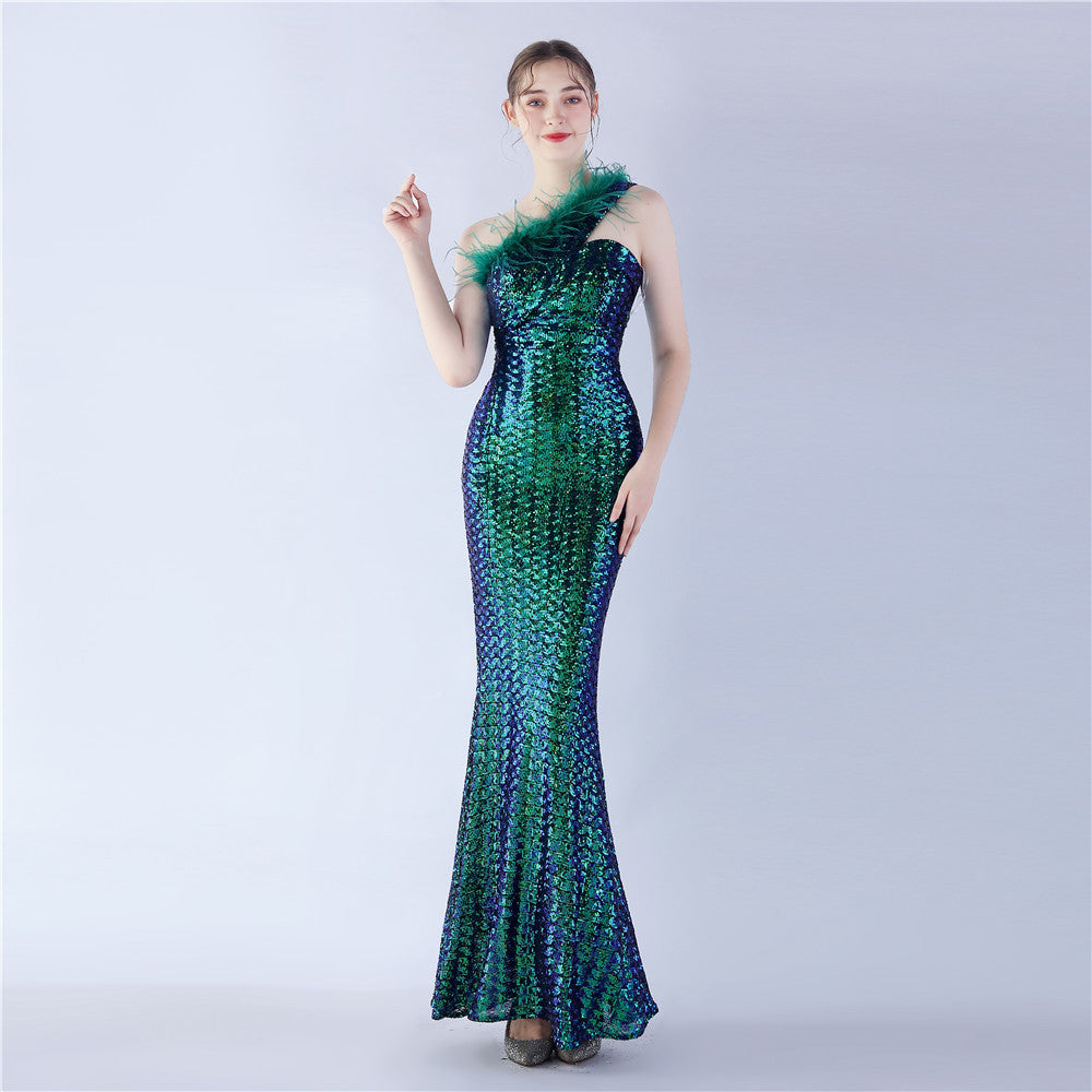 Craft Order Ostrich Feather Single Shoulder Diagonal Collar High Density Sequin High End Evening Dress