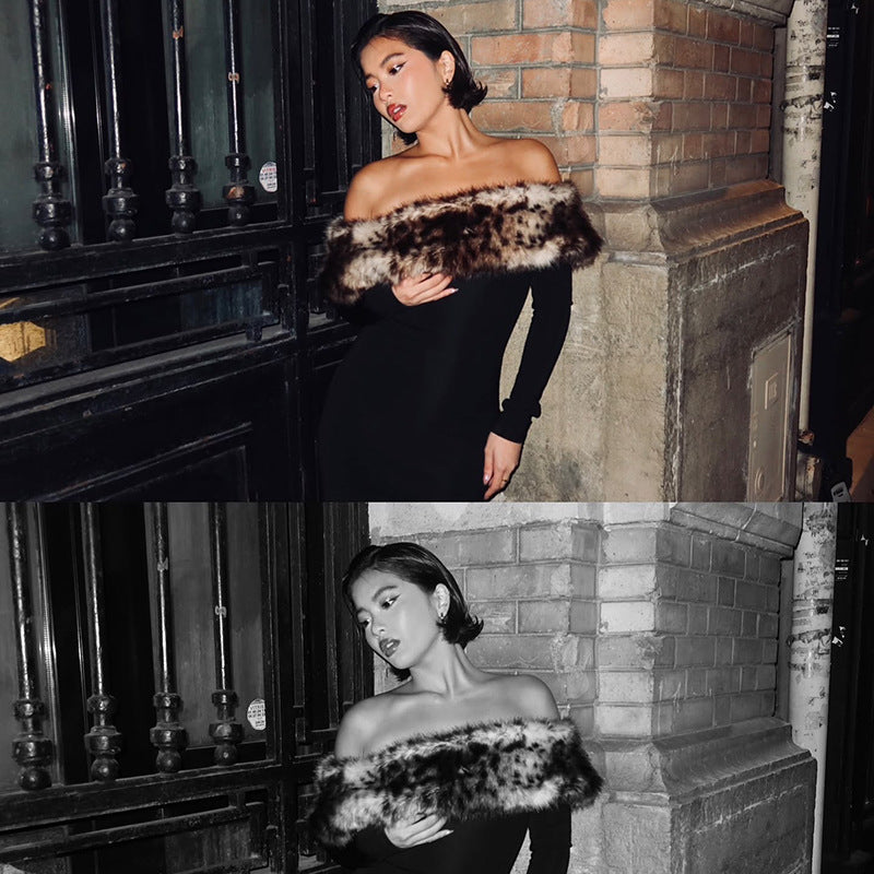Elegant Leopard Print Fur Stitching off Shoulder Dress