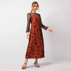 Vestido elegante de cuello redondo, manga larga, cintura elástica y patchwork